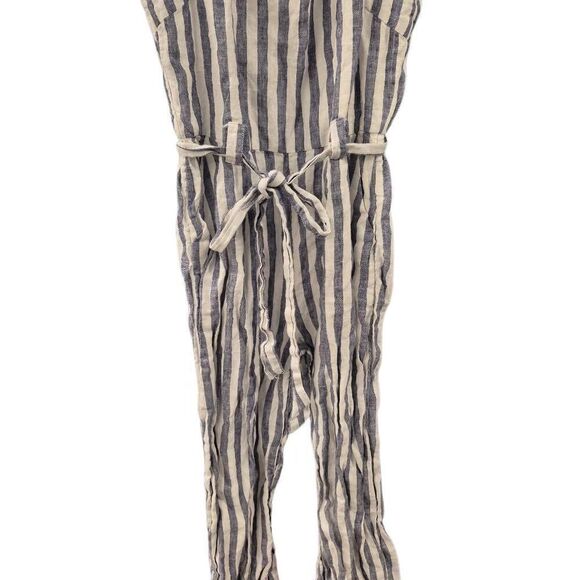 Rachel Zoe Women's White & Blue Linen Striped Romper with Pockets, Sash & Adjust - Picture 4 of 15